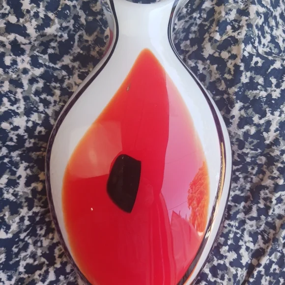 Murano Vase Red Orange Mid Century Side Black Dot Side Swirl Curved Lip 12 x 8